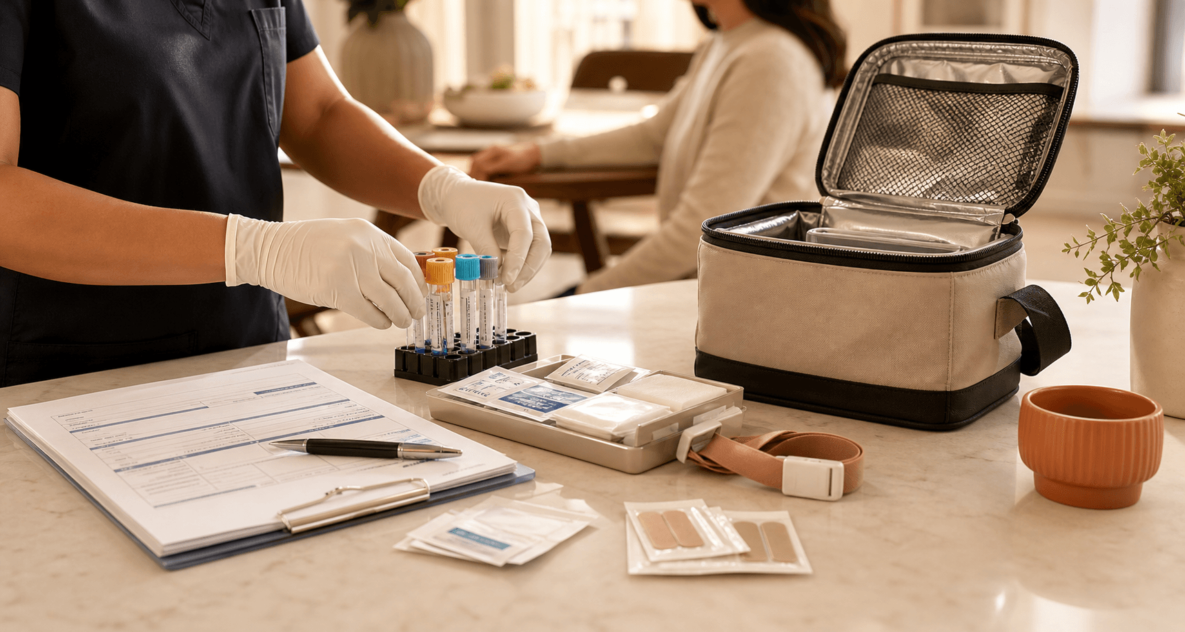 Prepared specimen collection materials for a mobile blood draw visit